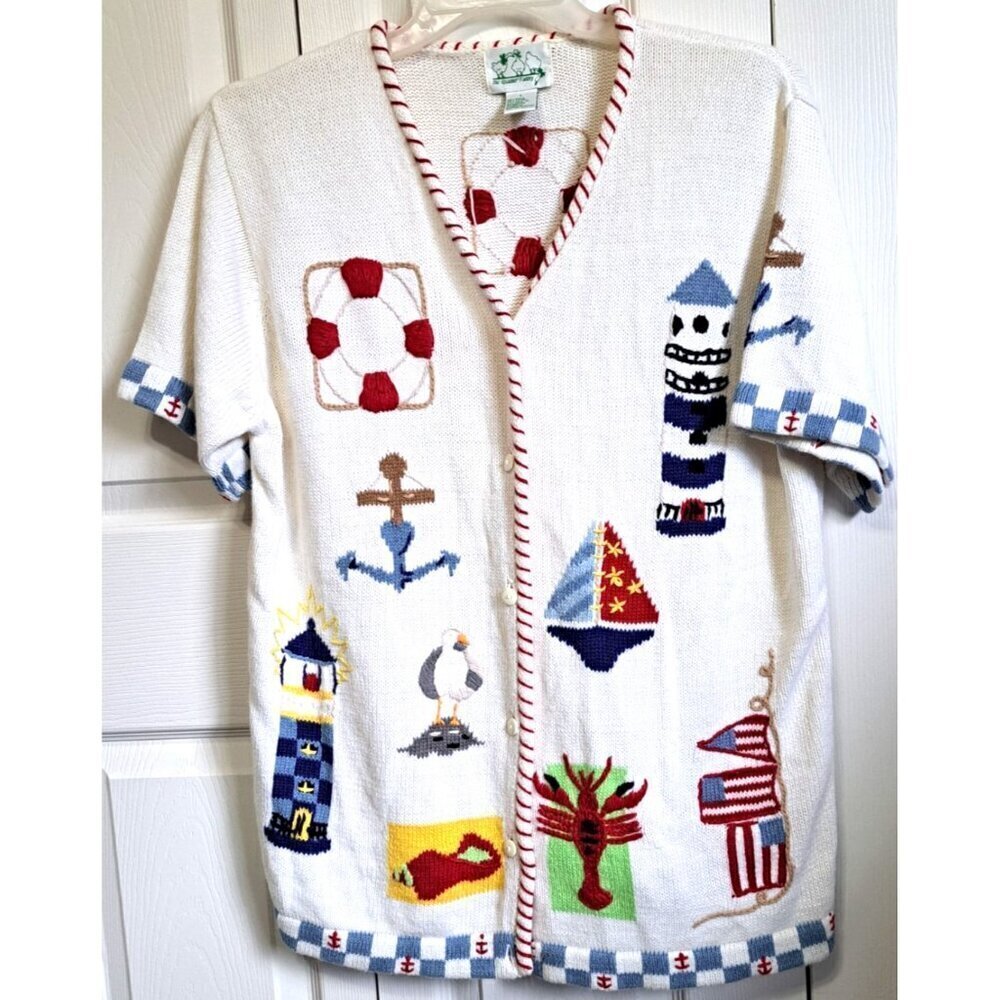 Quacker Factory  L Short Sleeve Multicolor Button Up Cardi Coastal Grandma FLAW!